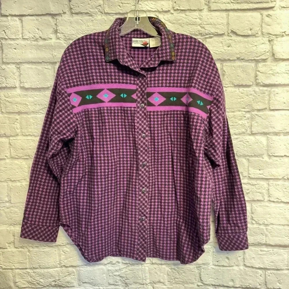 Vintage Hang Ten Southwest Houndstooth Button Front Shirt Size Large 80s/90s